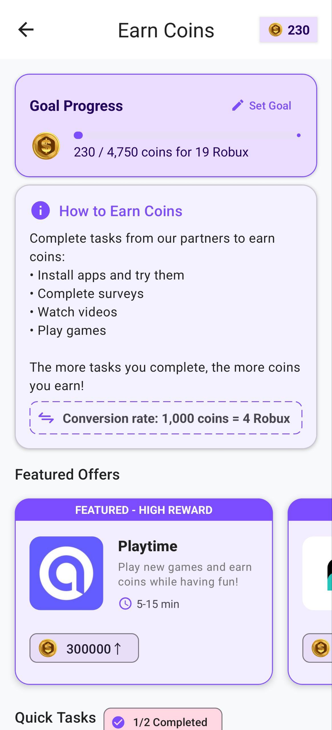 Robux Earny App Interface